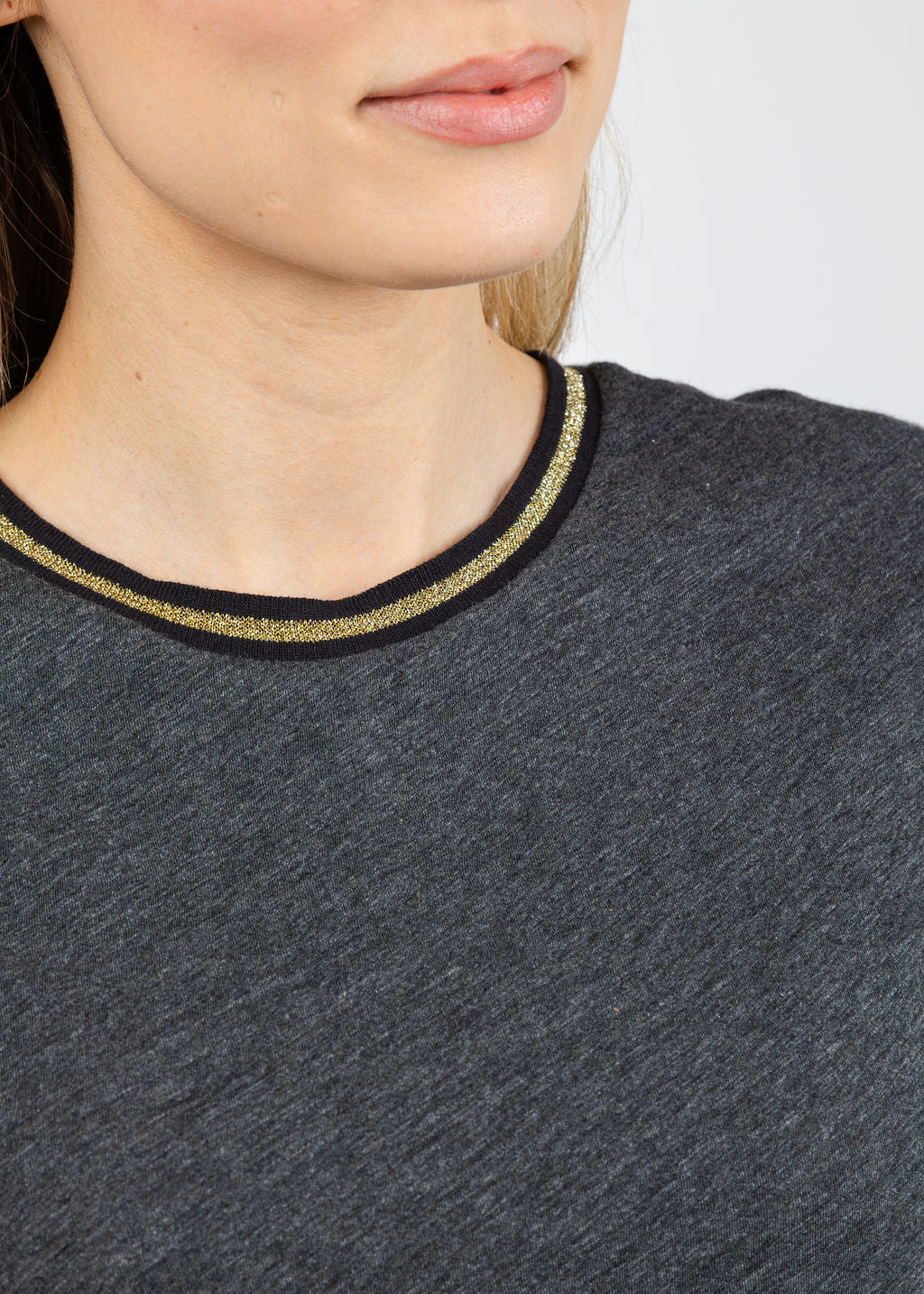 Metallic Gold Tipped Ringer Tee in Charcoal Heather available at Barbara Katz
