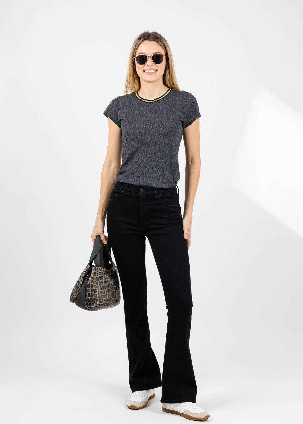 Metallic Gold Tipped Ringer Tee in Charcoal Heather available at Barbara Katz