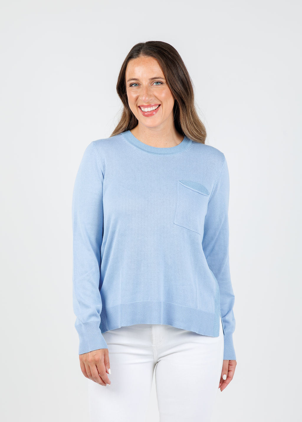 Peace of Cloth Metallic Pocket Crew Sweater in Powder available at Barbara Katz