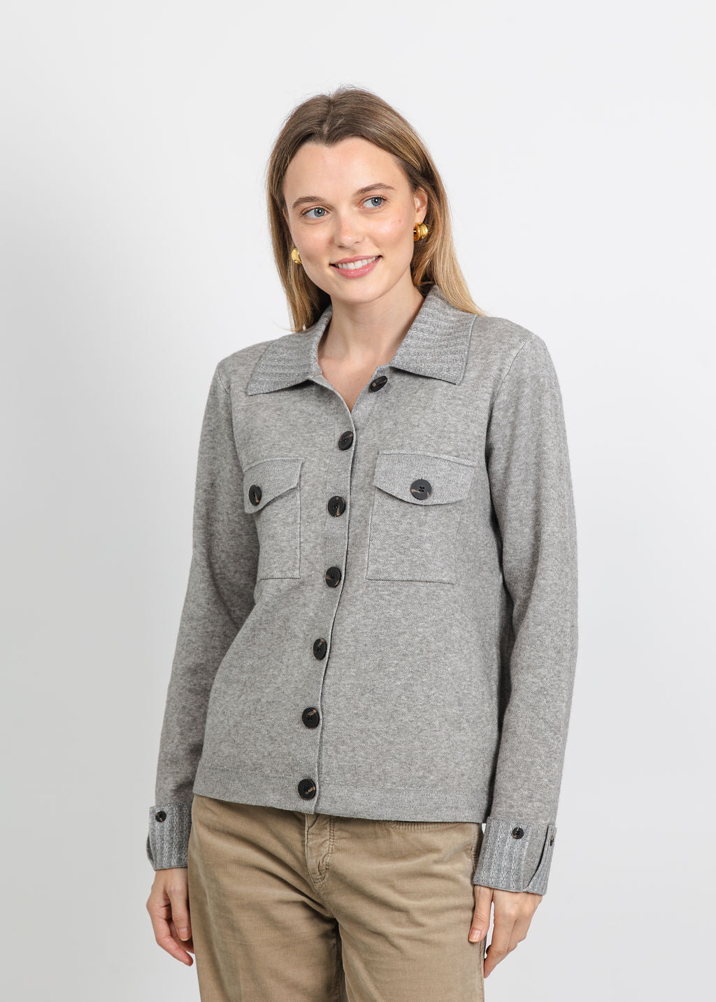 Metric Collared Button Jacket in Heather Taupe available at Barbara Katz