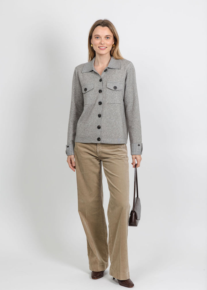 Metric Collared Button Jacket in Heather Taupe paired wtih MAC 32" Wide Baby Corduroy Pant in Beige available at Barbara Katz