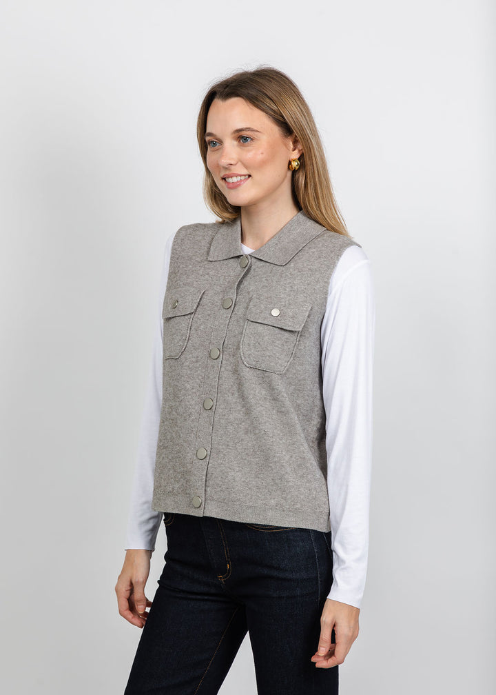 Metric Collared Vest in Heather Taupe available at Barbara Katz