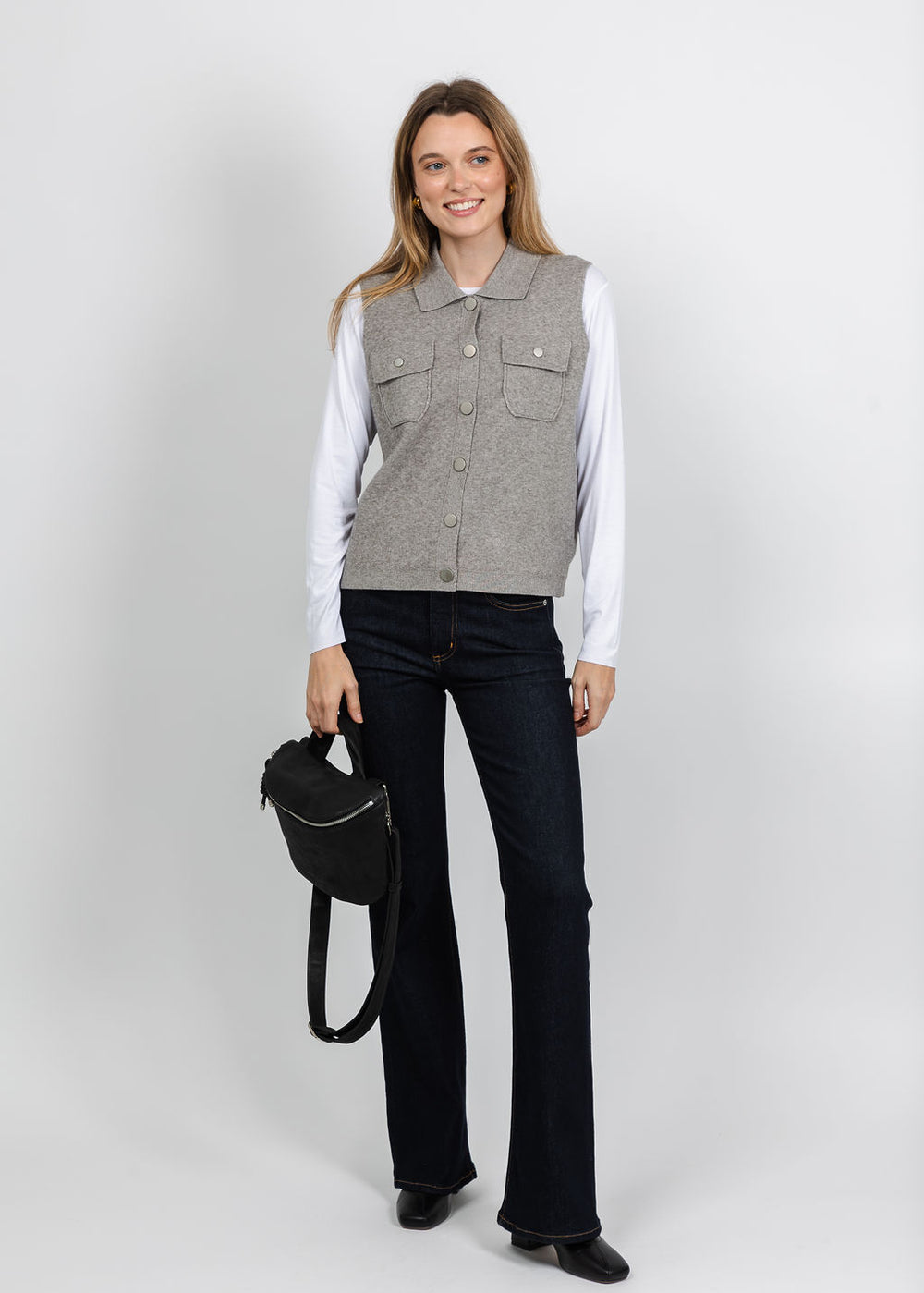 Metric Collared Vest in Heather Taupe available at Barbara Katz