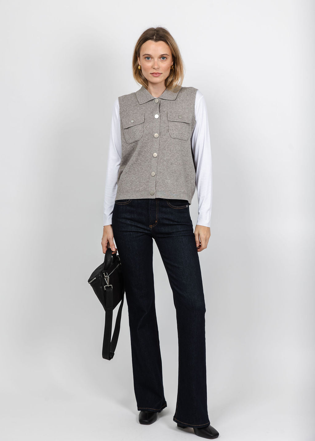 Metric Collared Vest in Heather Taupe available at Barbara Katz