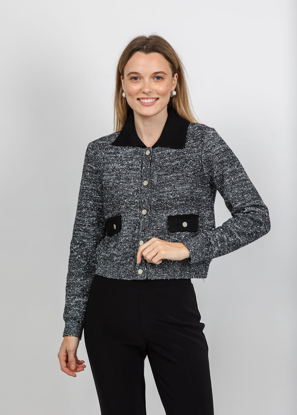 Metric Tweed Snap Jacket in Black/Silver available at Barbara Katz