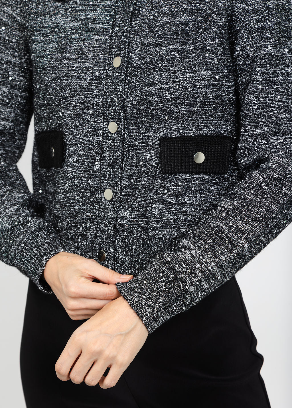Metric Tweed Snap Jacket in Black/Silver available at Barbara Katz