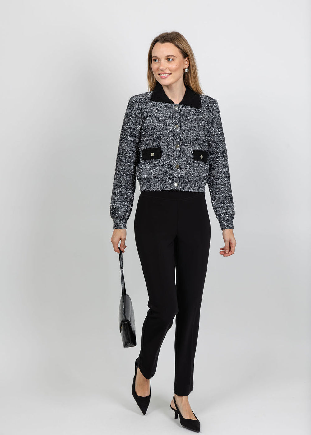 Metric Tweed Snap Jacket in Black/Silver available at Barbara Katz