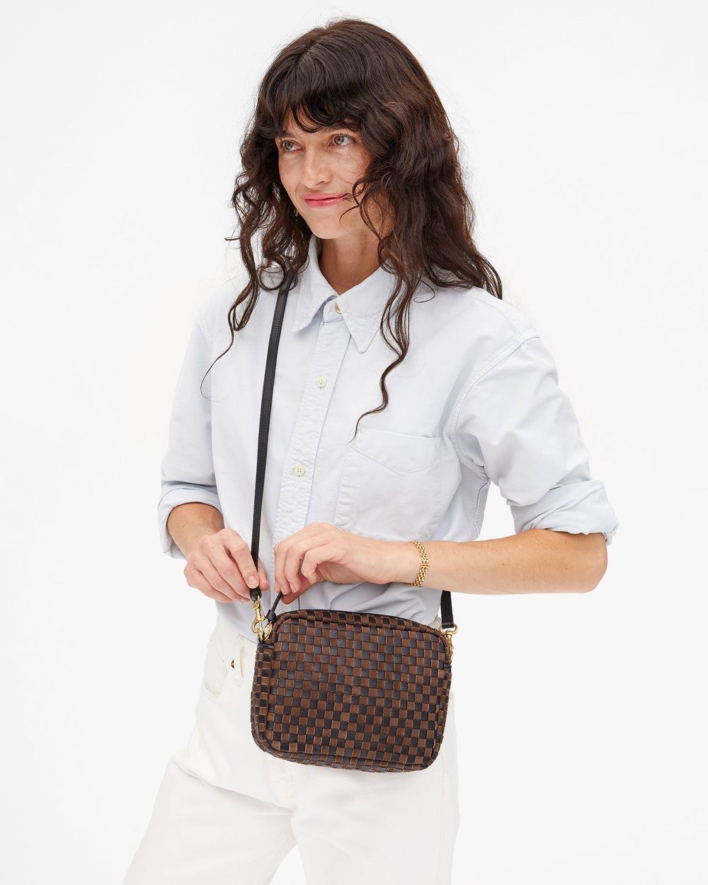 Clare V Midi Sac Crossbody Bag in Black/Chocolate Woven Checker available at Barbara Katz