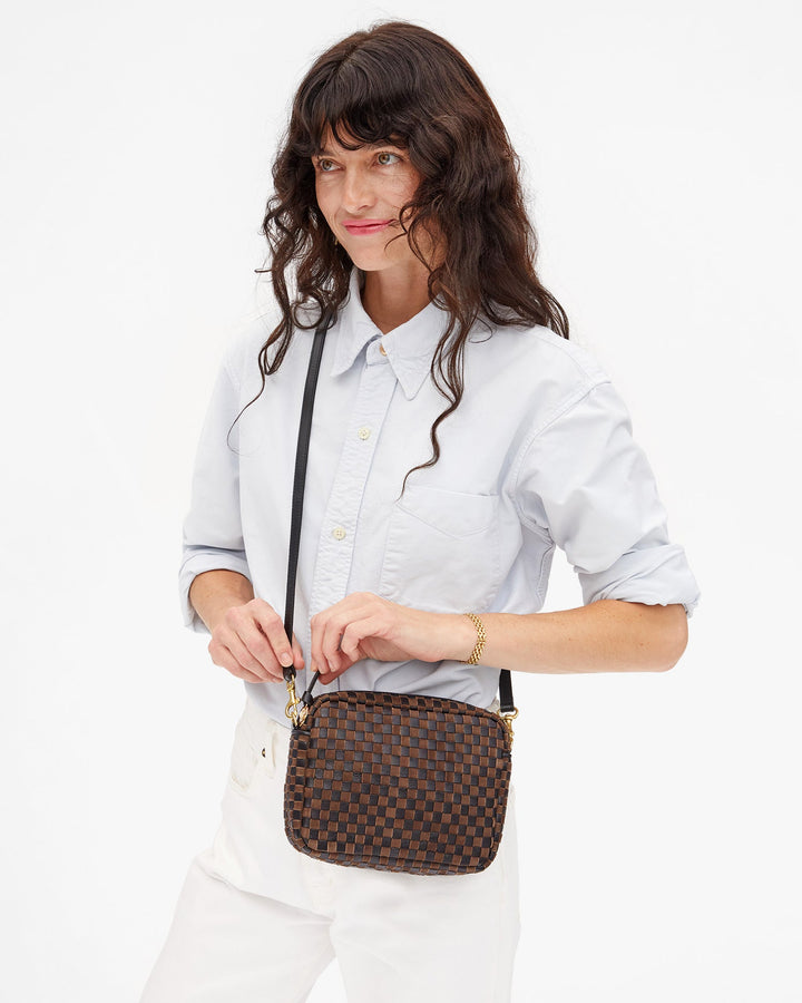 Clare V Midi Sac Crossbody Bag in Black/Chocolate Woven Checker available at Barbara Katz