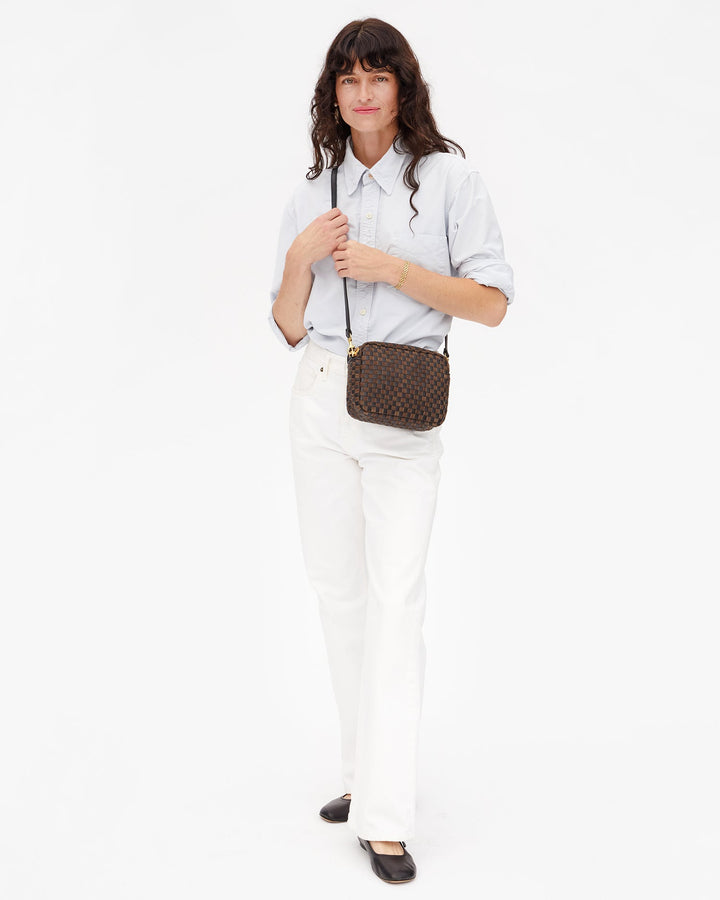 Clare V Midi Sac Crossbody Bag in Black/Chocolate Woven Checker available at Barbara Katz