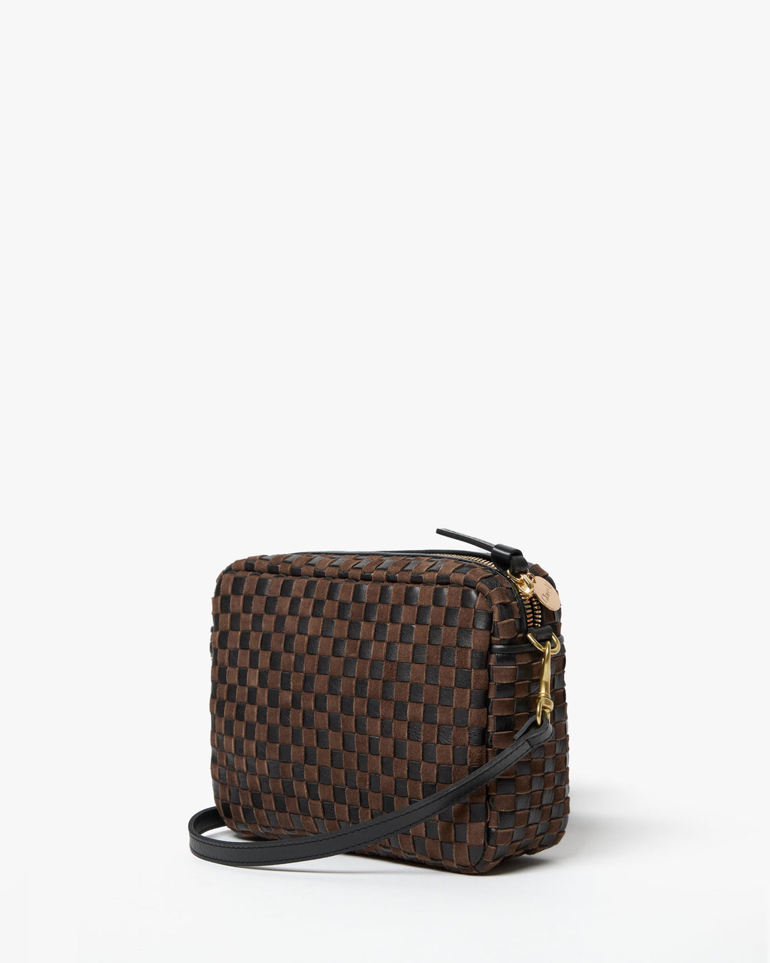 Clare V Midi Sac Crossbody Bag in Black/Chocolate Woven Checker available at Barbara Katz