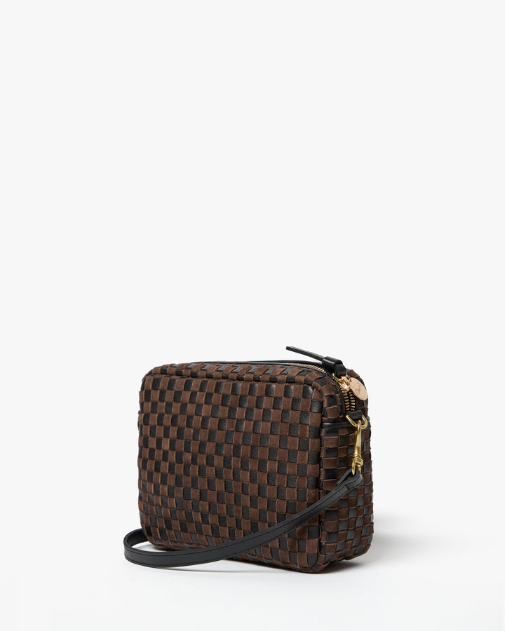 Clare V Midi Sac Crossbody Bag in Black/Chocolate Woven Checker available at Barbara Katz