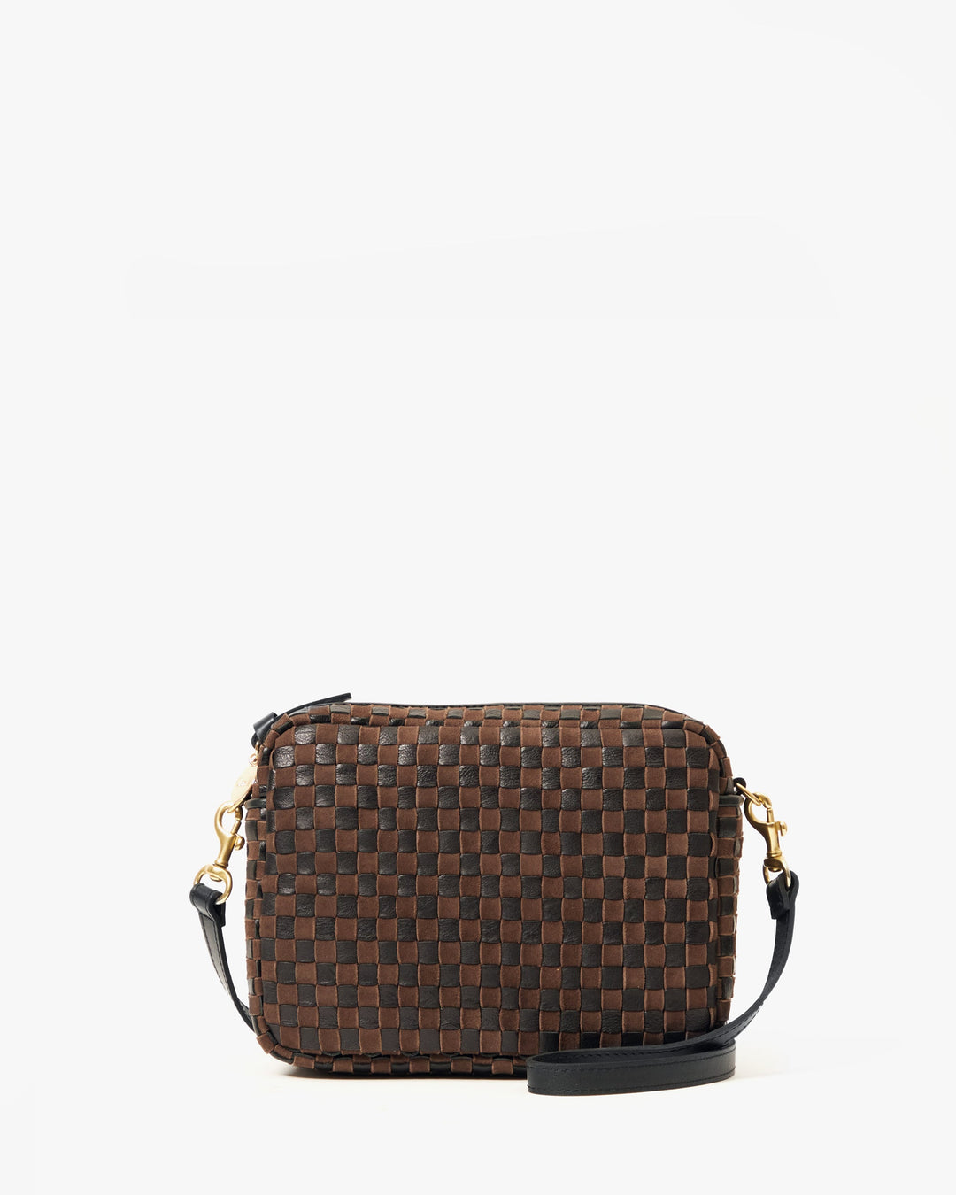 Clare V Midi Sac Crossbody Bag in Black/Chocolate Woven Checker available at Barbara Katz