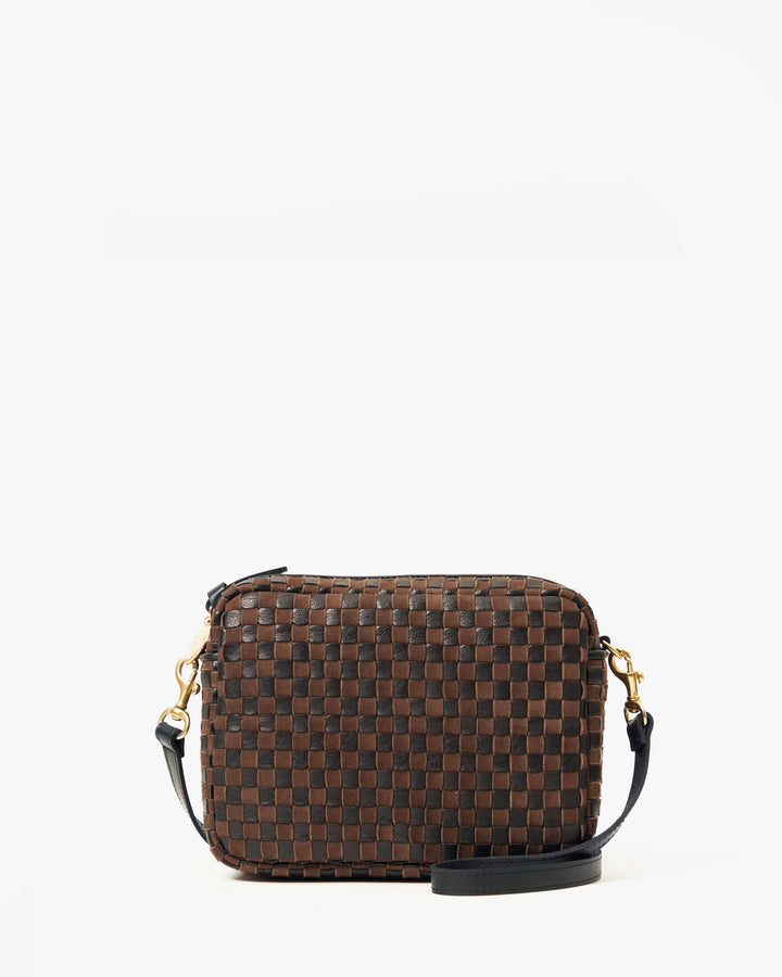 Clare V Midi Sac Crossbody Bag in Black/Chocolate Woven Checker available at Barbara Katz