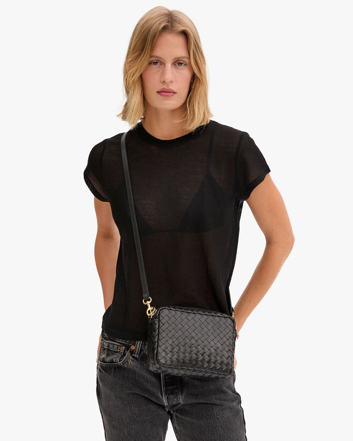 Clare V Midi Sac Woven Crossbody in Black available at Barbara Katz