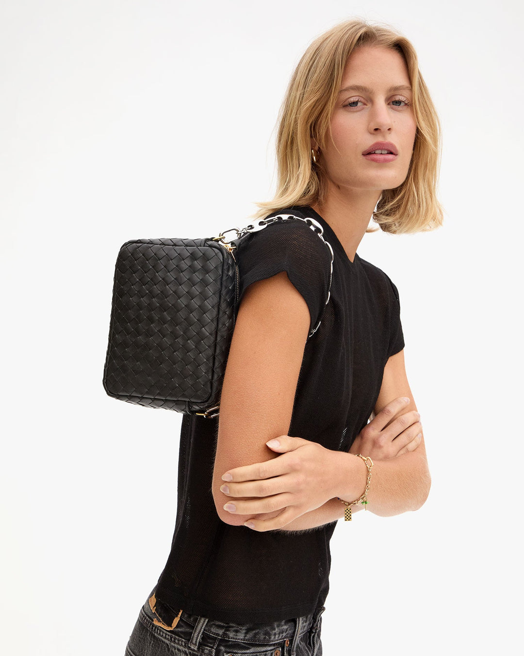 Clare V Midi Sac Woven Crossbody in Black available at Barbara Katz