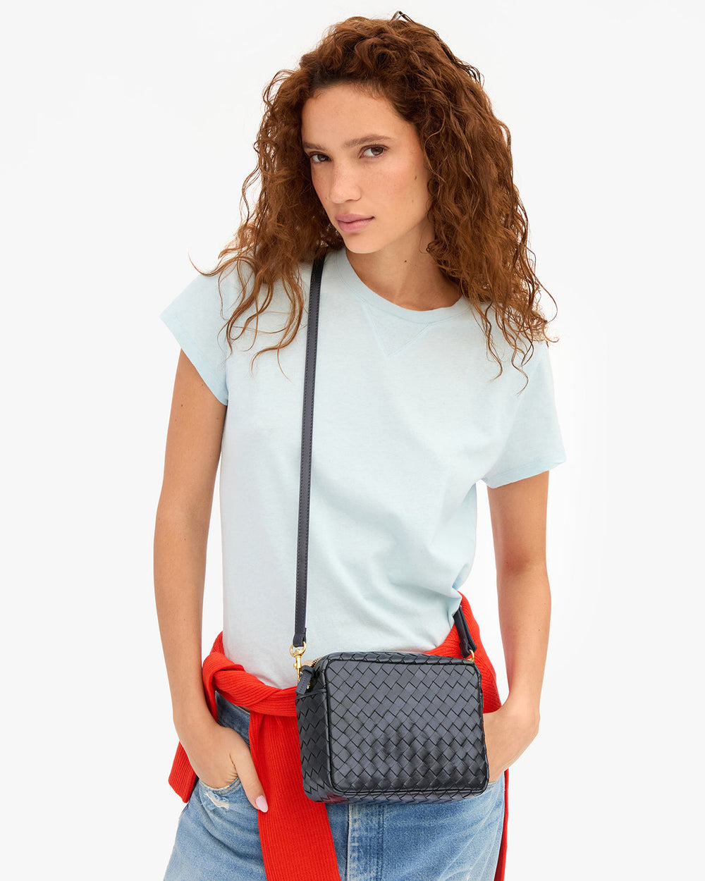 Clare V Midi Sac Crossbody Bag With Pocket in Twilight Diagonal Woven available at Barbara Katz