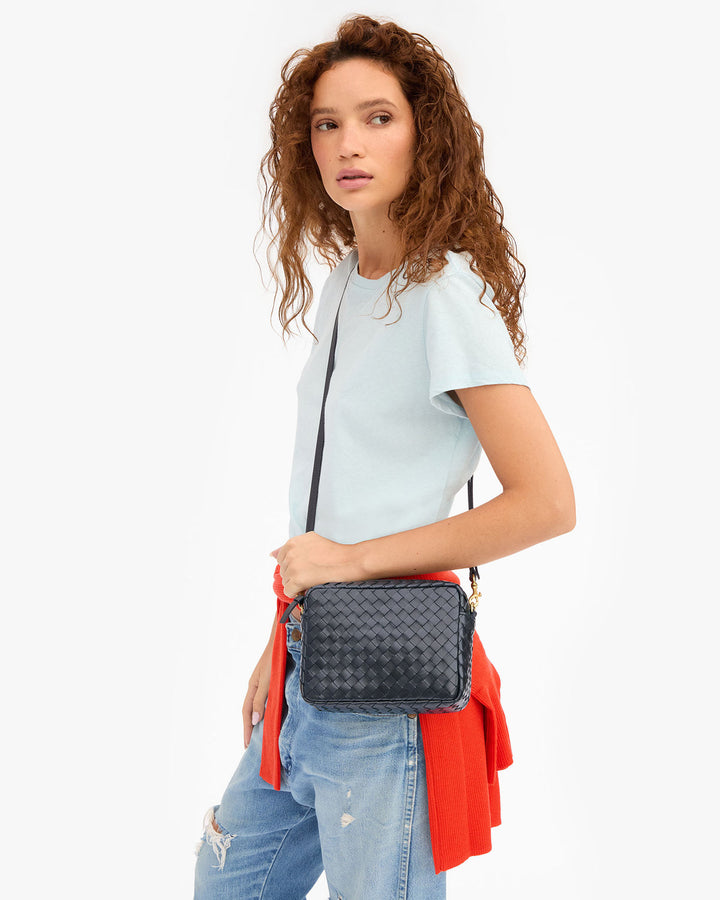 Clare V Midi Sac Crossbody Bag With Pocket in Twilight Diagonal Woven available at Barbara Katz