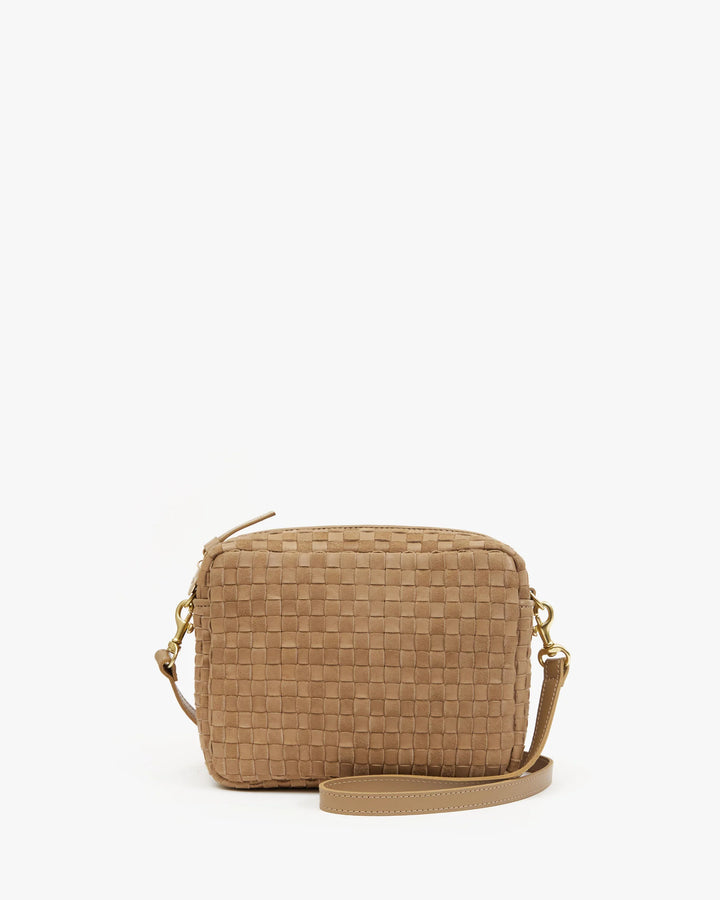 Clare V Midi Sac Crossbody Bag in Clay Nappa Leather & Suede Woven Checker available at Barbara Katz