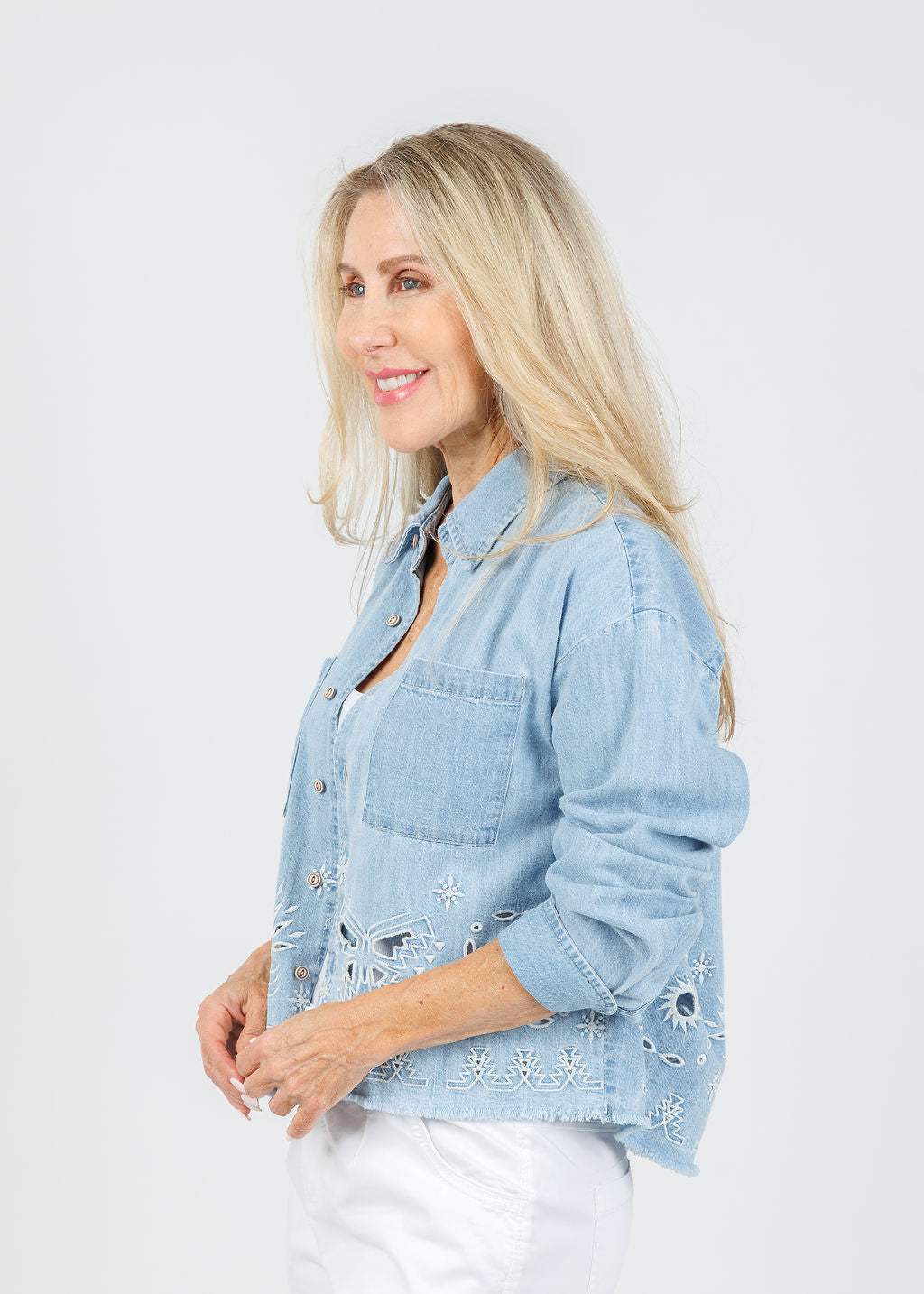 Mother The Roomie Double Frenchie Crop Fray Denim Jacket in Soulstice available at Barbara Katz