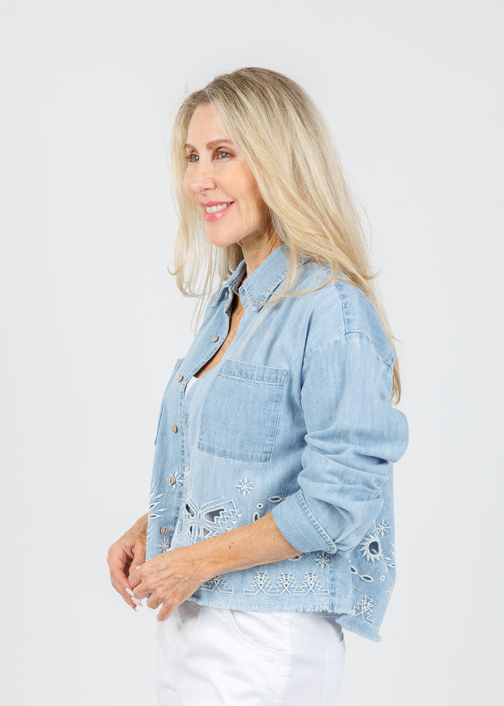 Mother The Roomie Double Frenchie Crop Fray Denim Jacket in Soulstice available at Barbara Katz