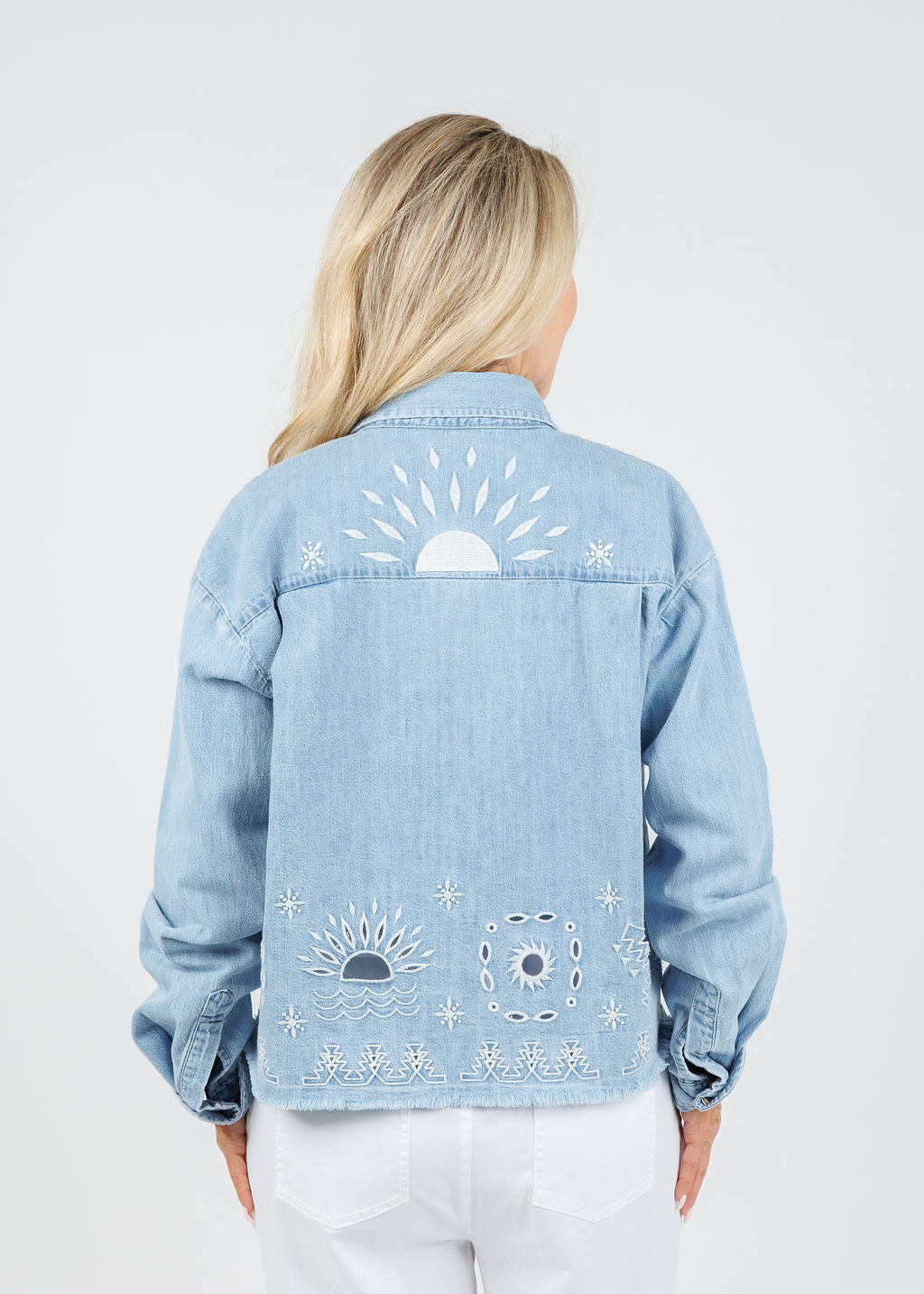 Mother The Roomie Double Frenchie Crop Fray Denim Jacket in Soulstice available at Barbara Katz