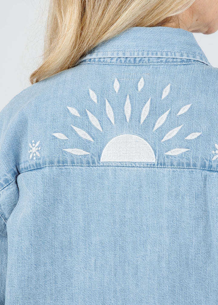 Mother The Roomie Double Frenchie Crop Fray Jacket in Soulstice available at Barbara Katz