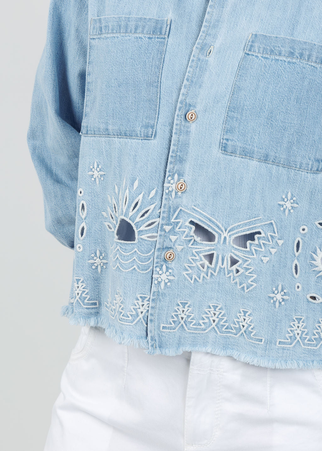 Mother Denim The Roomie Double Frenchie Crop Fray Jacket in Soulstice available at Barbara Katz