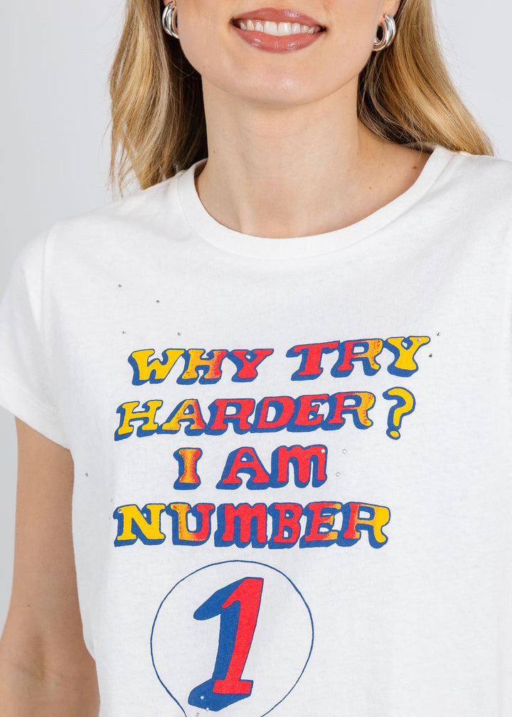 Mother The Boxy Goodie Goodie Tee in Why Try Harder print available at Barbara Katz