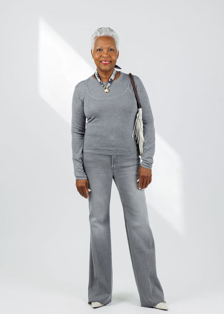 Suncoo Prava Thin Layered Pullover Sweater in Gris Chine paired with Mother The Doozy Sneak Fray Jeans in Catch Me Outside available at Barbara Katz
