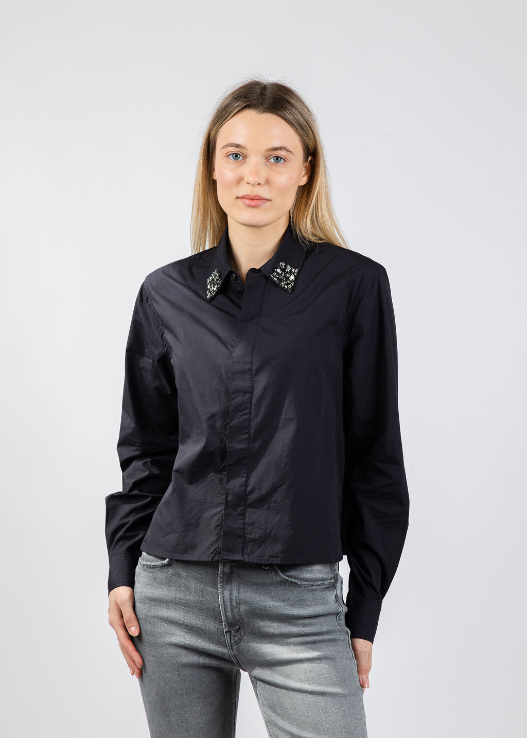 Mother The Honor Crystal Collar Shirt in Black available at Barbara Katz