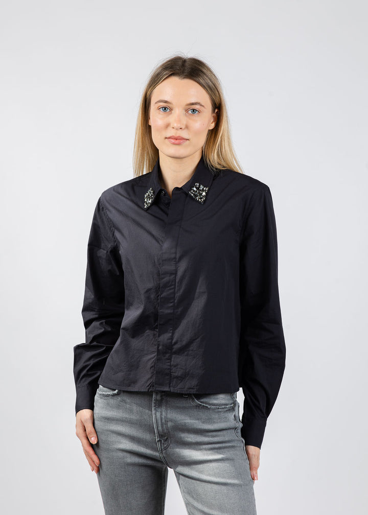 Mother The Honor Crystal Collar Shirt in Black available at Barbara Katz