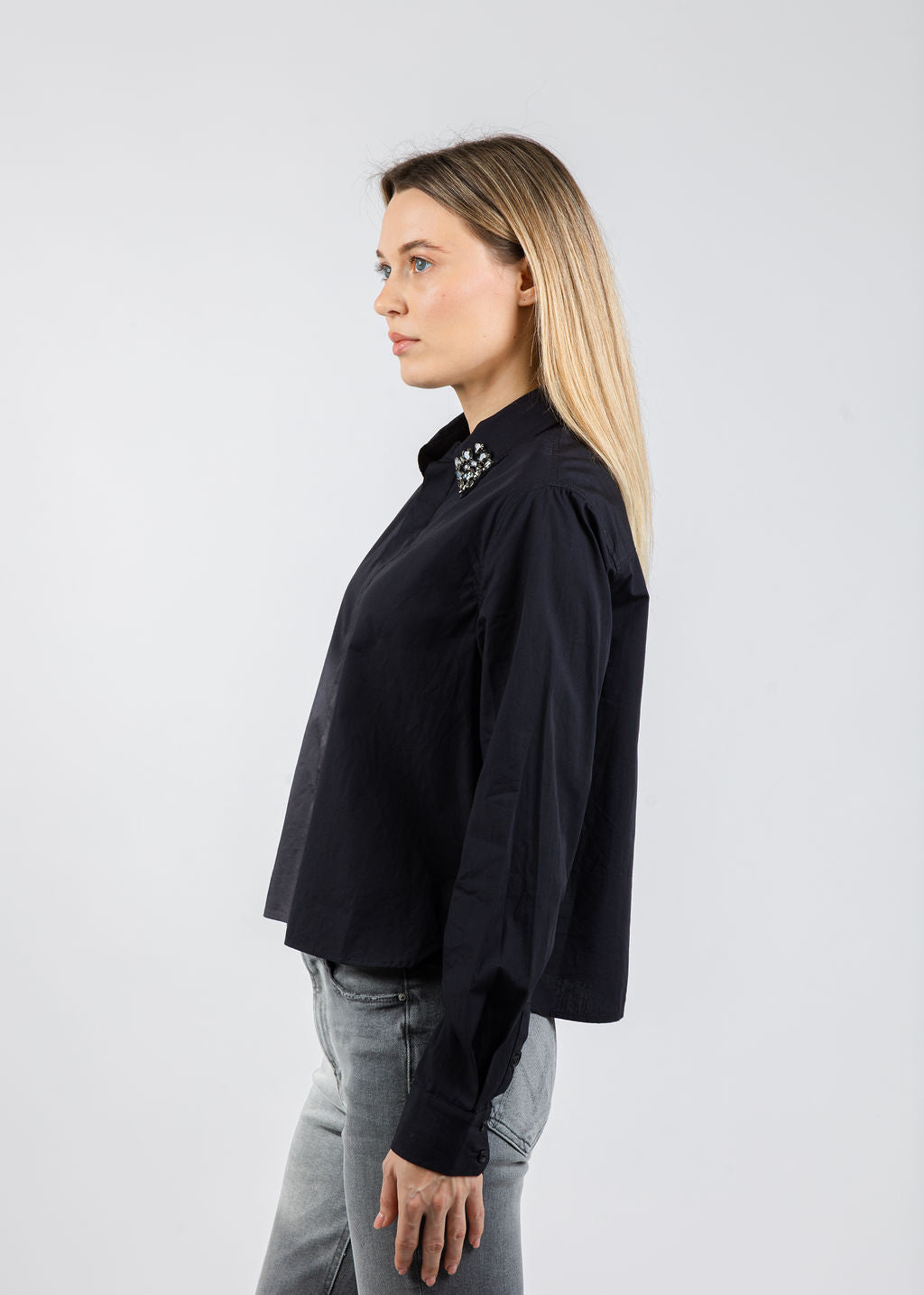 Mother The Honor Crystal Collar Shirt in Black available at Barbara Katz