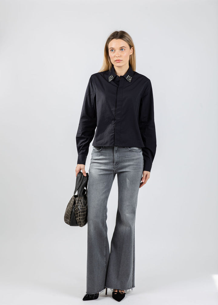 Mother The Honor Crystal Collar Shirt in Black available at Barbara Katz
