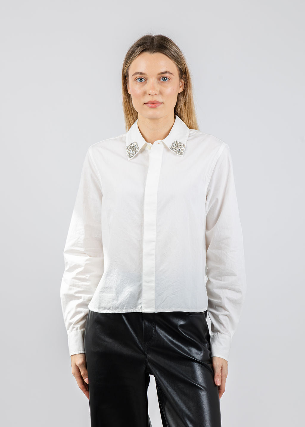 Mother The Honor Crystal Collar Shirt in White available at Barbara Katz
