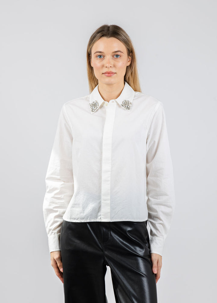 Mother The Honor Crystal Collar Shirt in White available at Barbara Katz