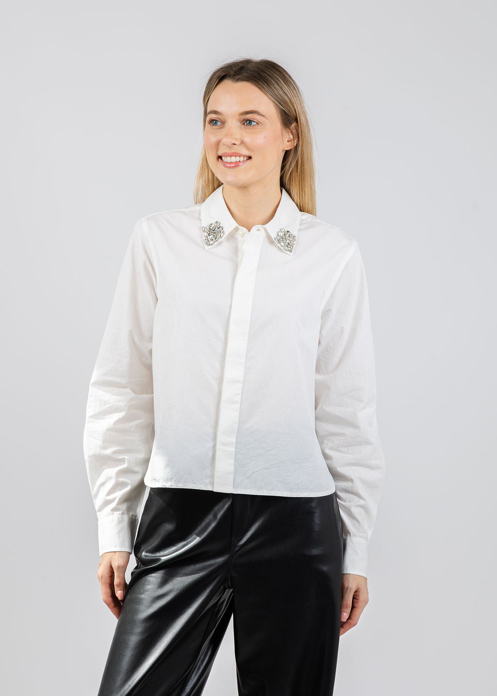 Mother The Honor Crystal Collar Shirt in White available at Barbara Katz