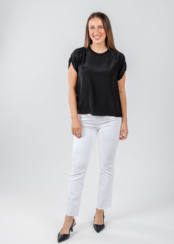 Cinq a Sept Lorraine Top in Black paired with MOTHER The Hustler Ankle Fray Jeans in Fairest of Them All available at Barbara Katz
