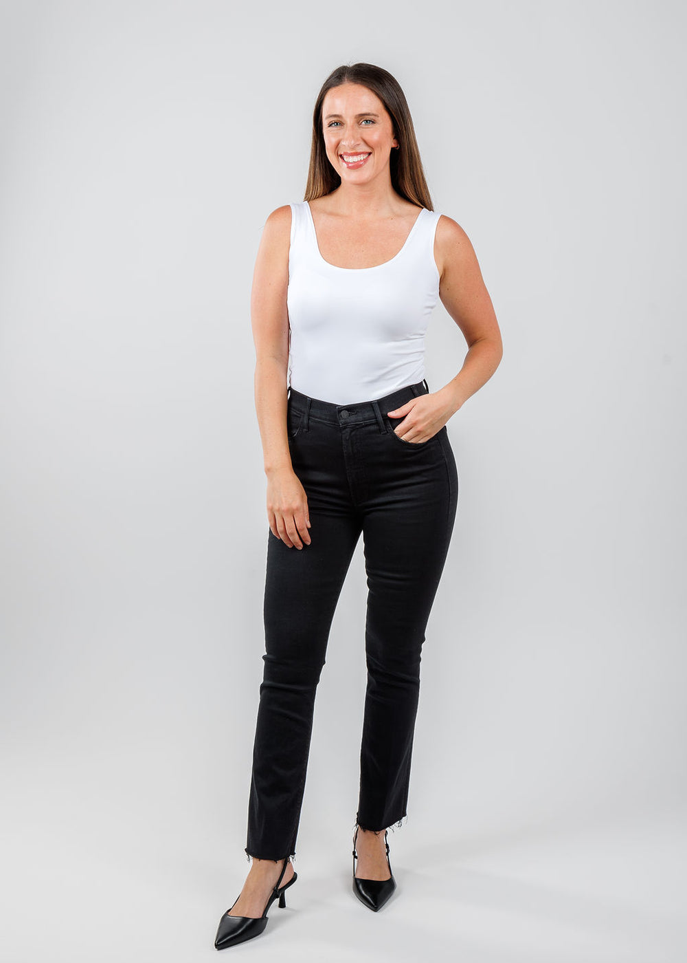 A'NUE The Classic Micro Tank Top in White featuring a scoop neckline, wide shoulder straps, form-fitting fit, travel-friendly style available at Barbara Katz.