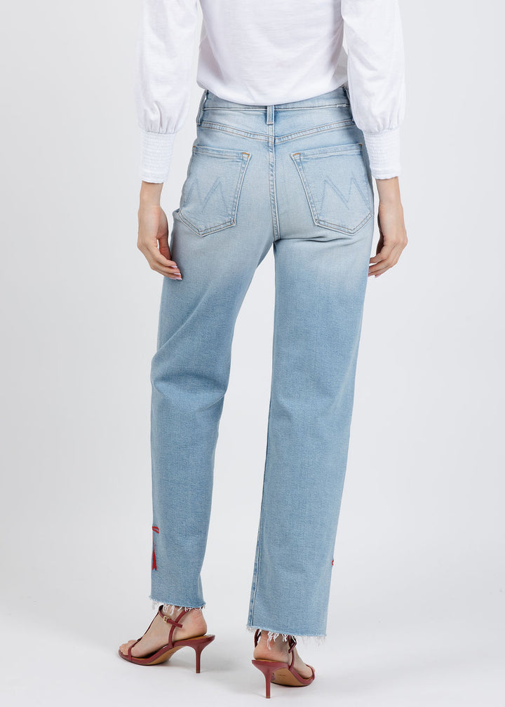 Mother The Rambler Zip Slice Hover Fray Jeans in Complete 360 available at Barbara Katz