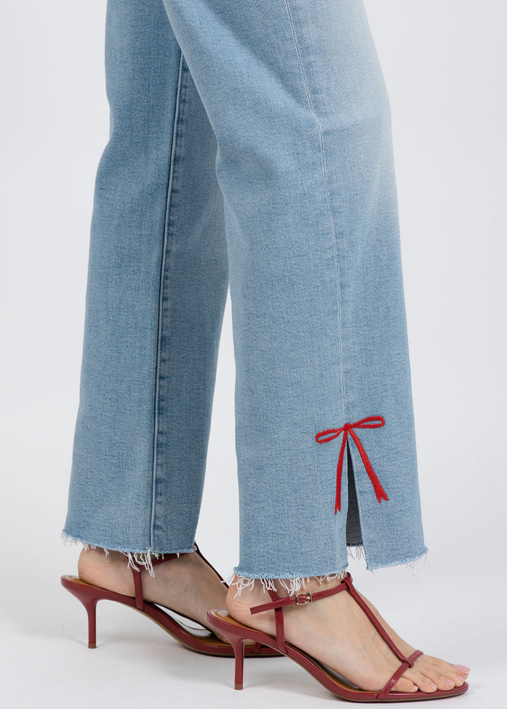 Mother The Rambler Zip Slice Hover Fray Jeans in Complete 360 available at Barbara Katz