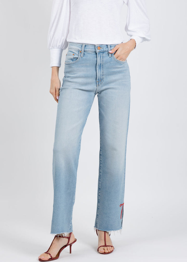Mother The Rambler Zip Slice Hover Fray Jeans in Complete 360 available at Barbara Katz
