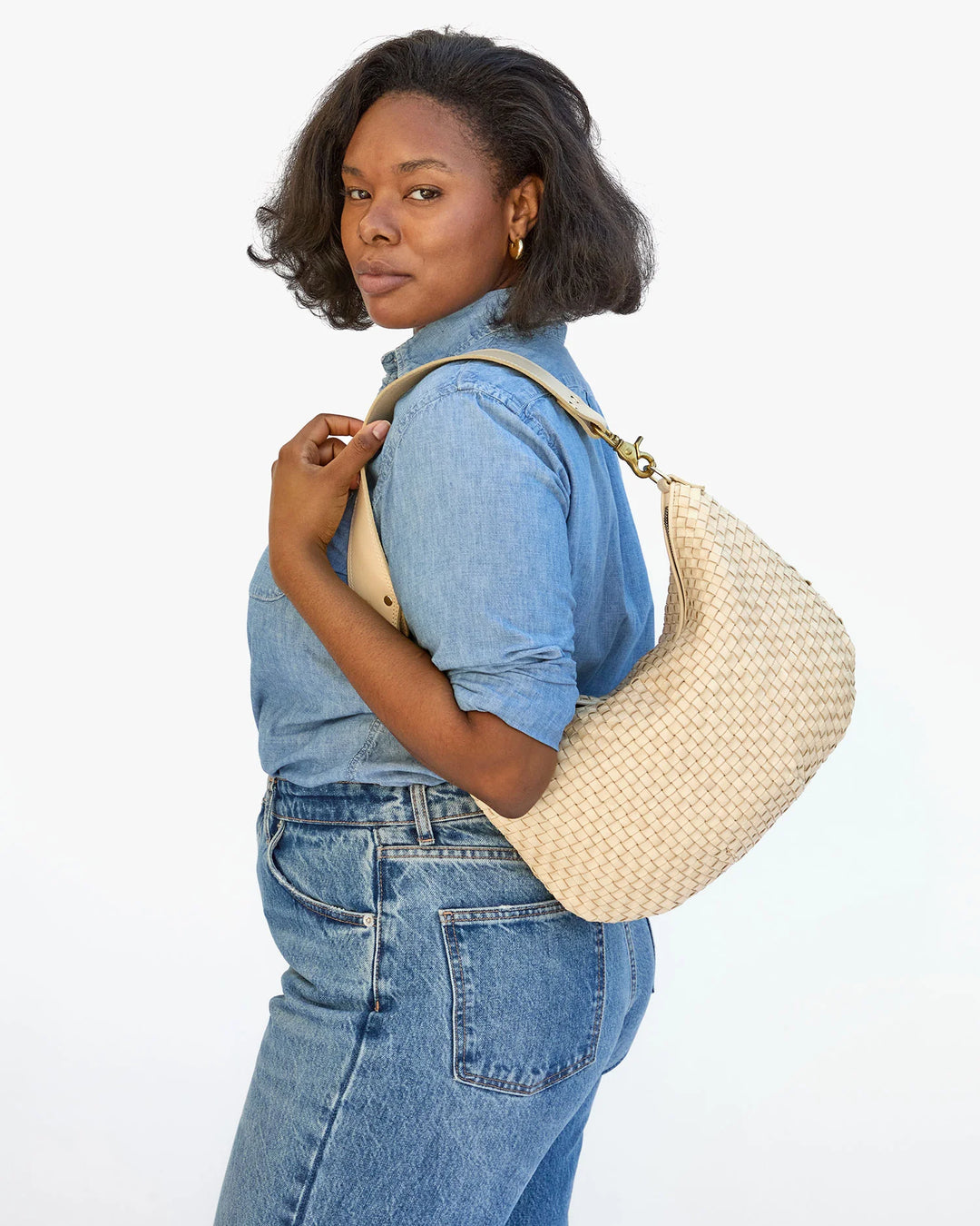 Clare V Moyen Messenger Cream Woven Checker