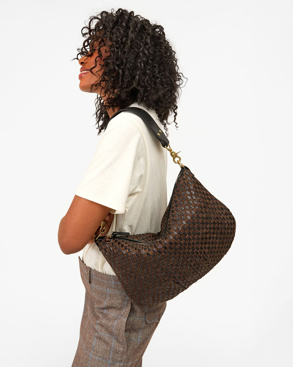 Clare V Moyen Messenger Bag in Black/Chocolate Woven Checker available at Barbara Katz