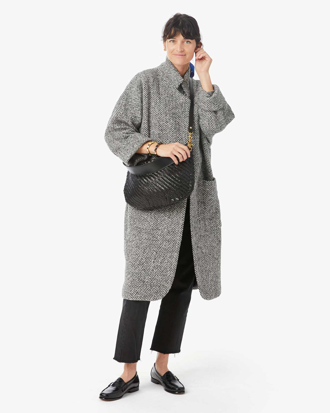 Clare V Moyen Messenger Bag in Black Woven Zigzag available at Barbara Katz