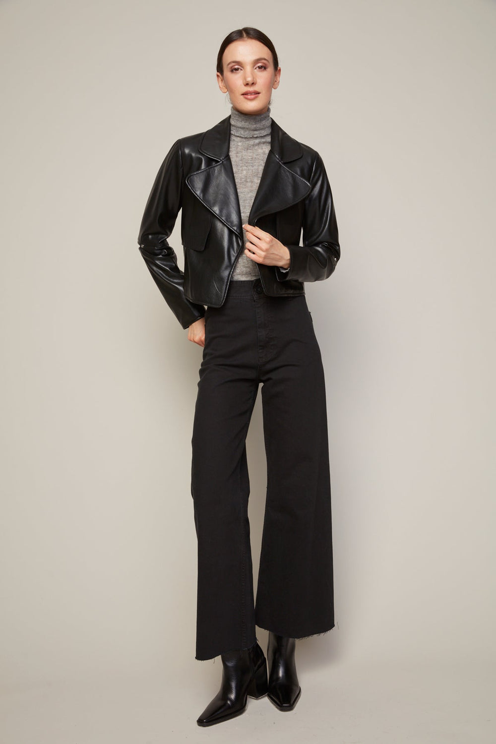 Adroit Atelier Ninon Short Stretch Vegan Leather Open Front Jacket in Black available at Barbara Katz