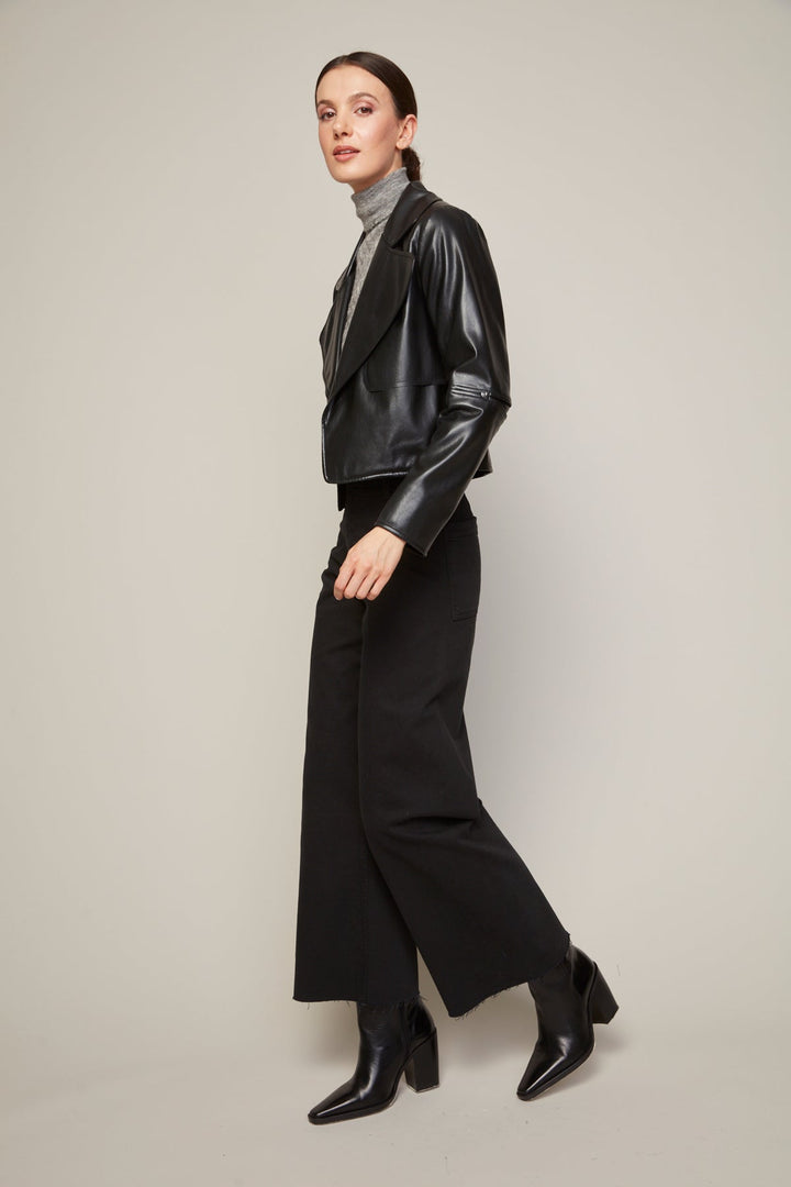 Adroit Atelier Ninon Short Stretch Vegan Leather Open Front Jacket in Black available at Barbara Katz