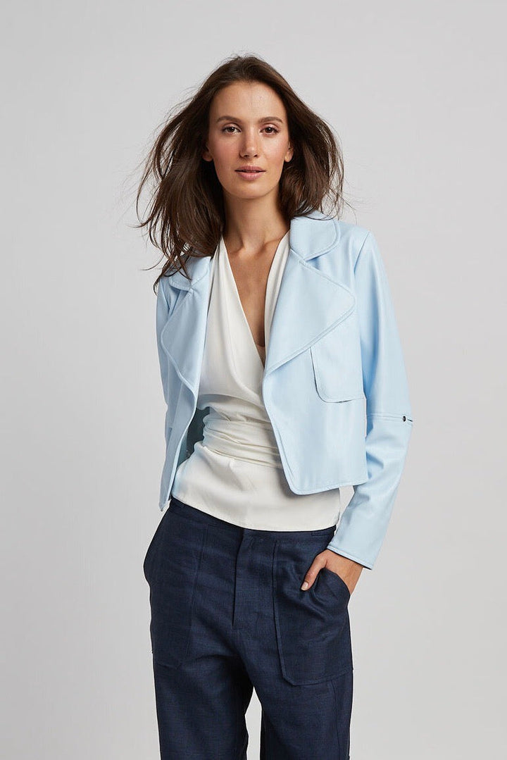 Adroit Atelier Ninon Short Vegan Leather Open Front Jacket in Sky Blue available at Barbara Katz