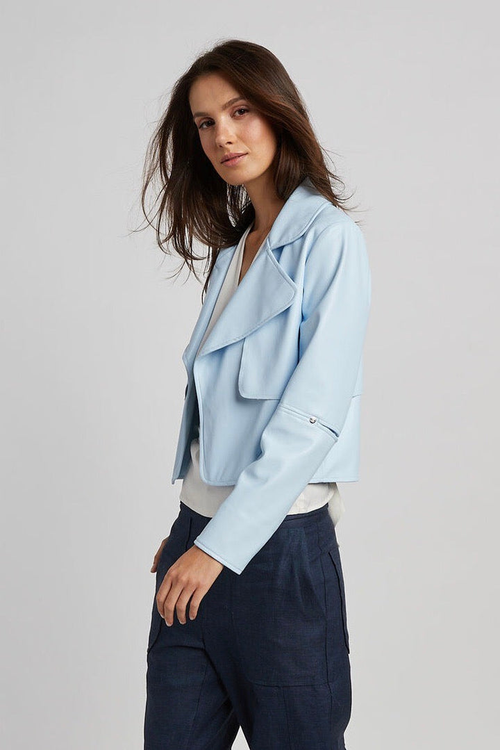 Adroit Atelier Ninon Short Vegan Leather Open Front Jacket in Sky Blue available at Barbara Katz