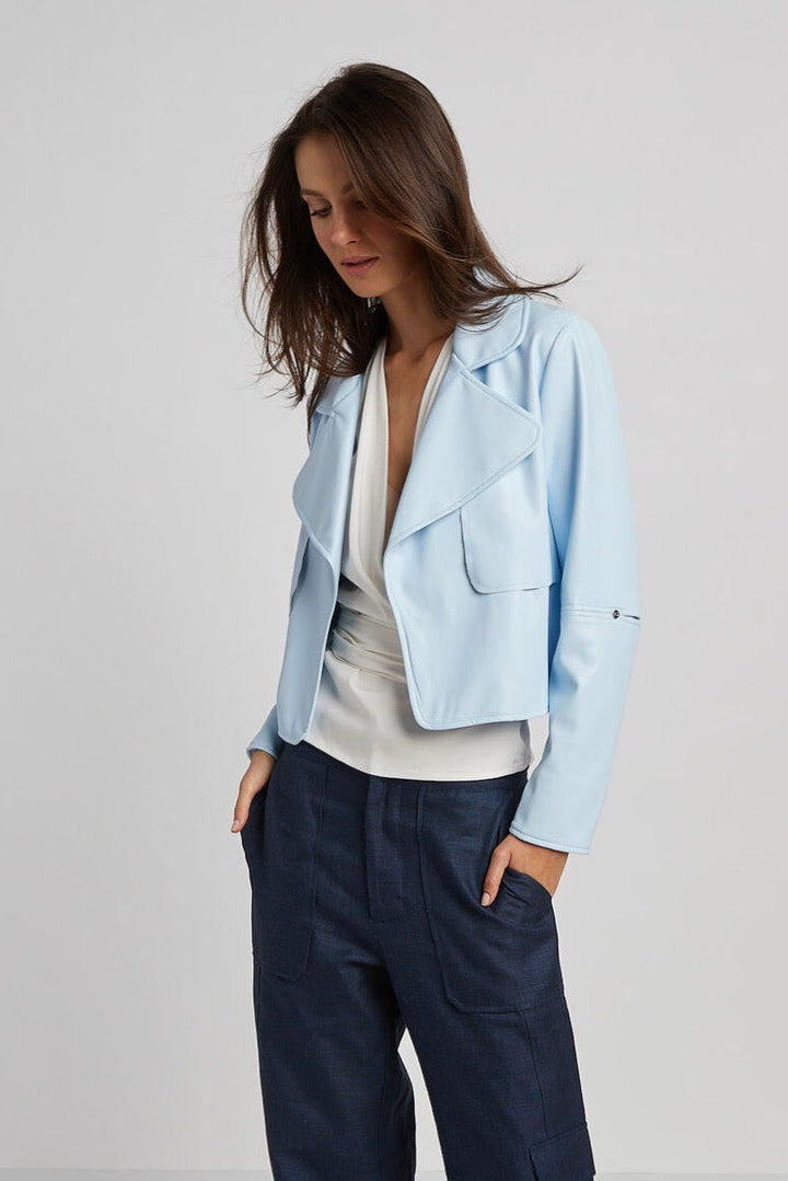 Adroit Atelier Ninon Short Vegan Leather Open Front Jacket in Sky Blue available at Barbara Katz